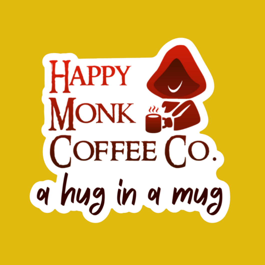 Happy Monk Coffee Sticker - Hug In a Mug